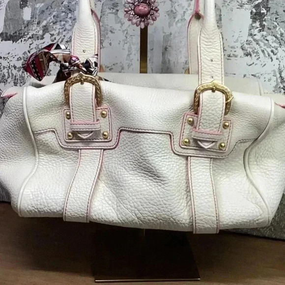 Dooney and Brourke Cream and Pink Pebbled Leather Bag Vintage Marchesa Satchel - Picture 3 of 16